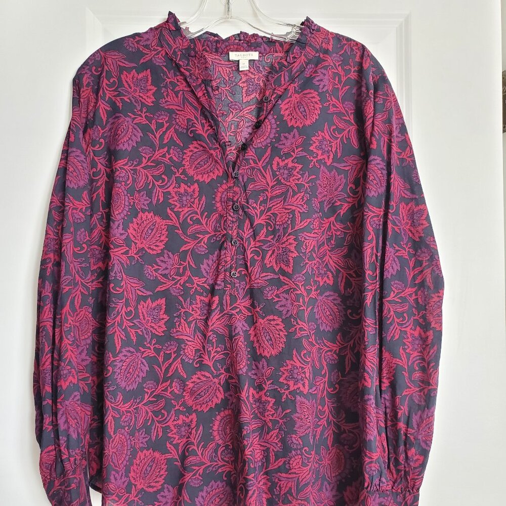 Talbots Navy Ruffle Neck Blouse with button front New With Tags